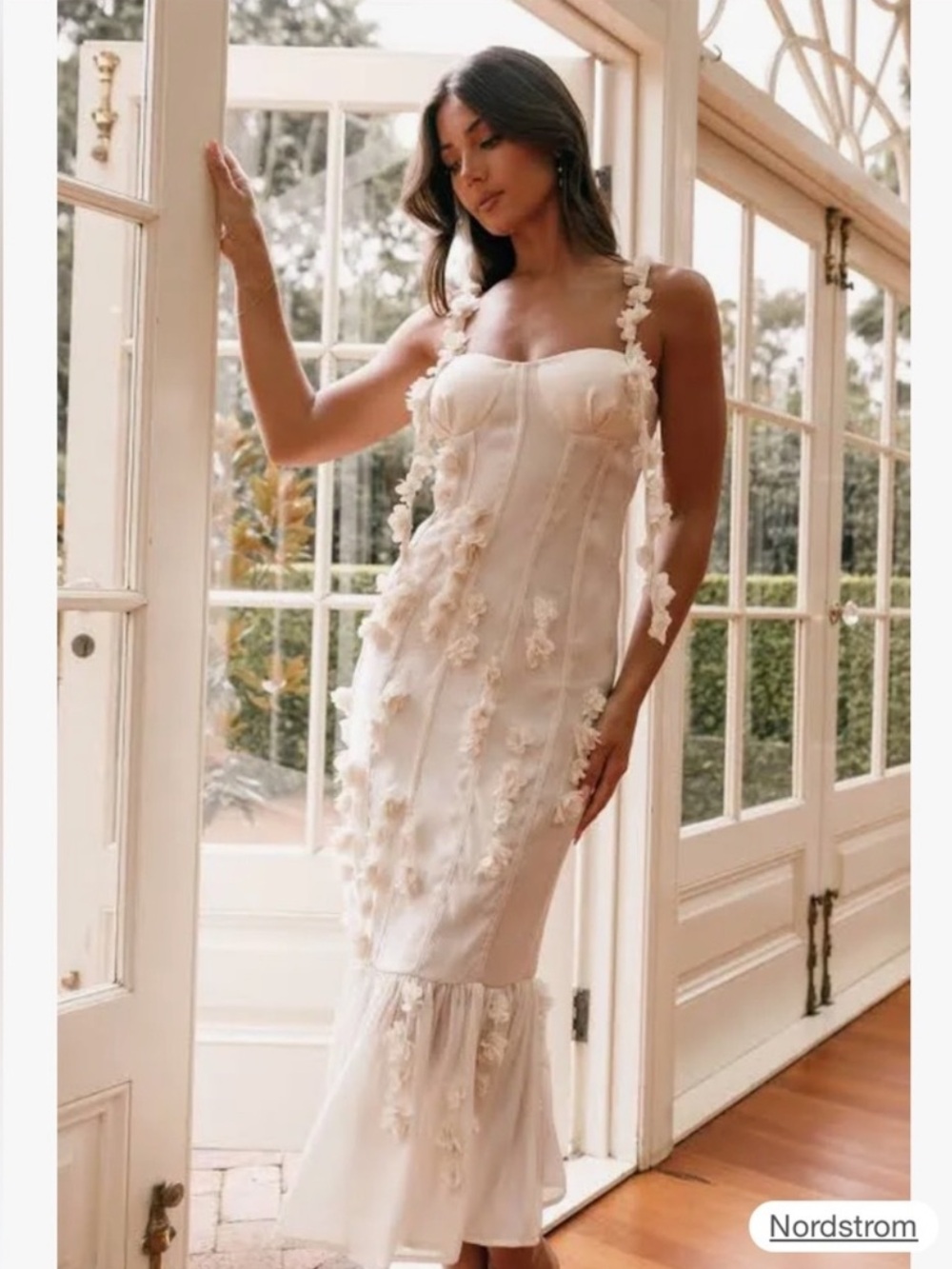 Amable Cream Floral-Trim Midi Dress